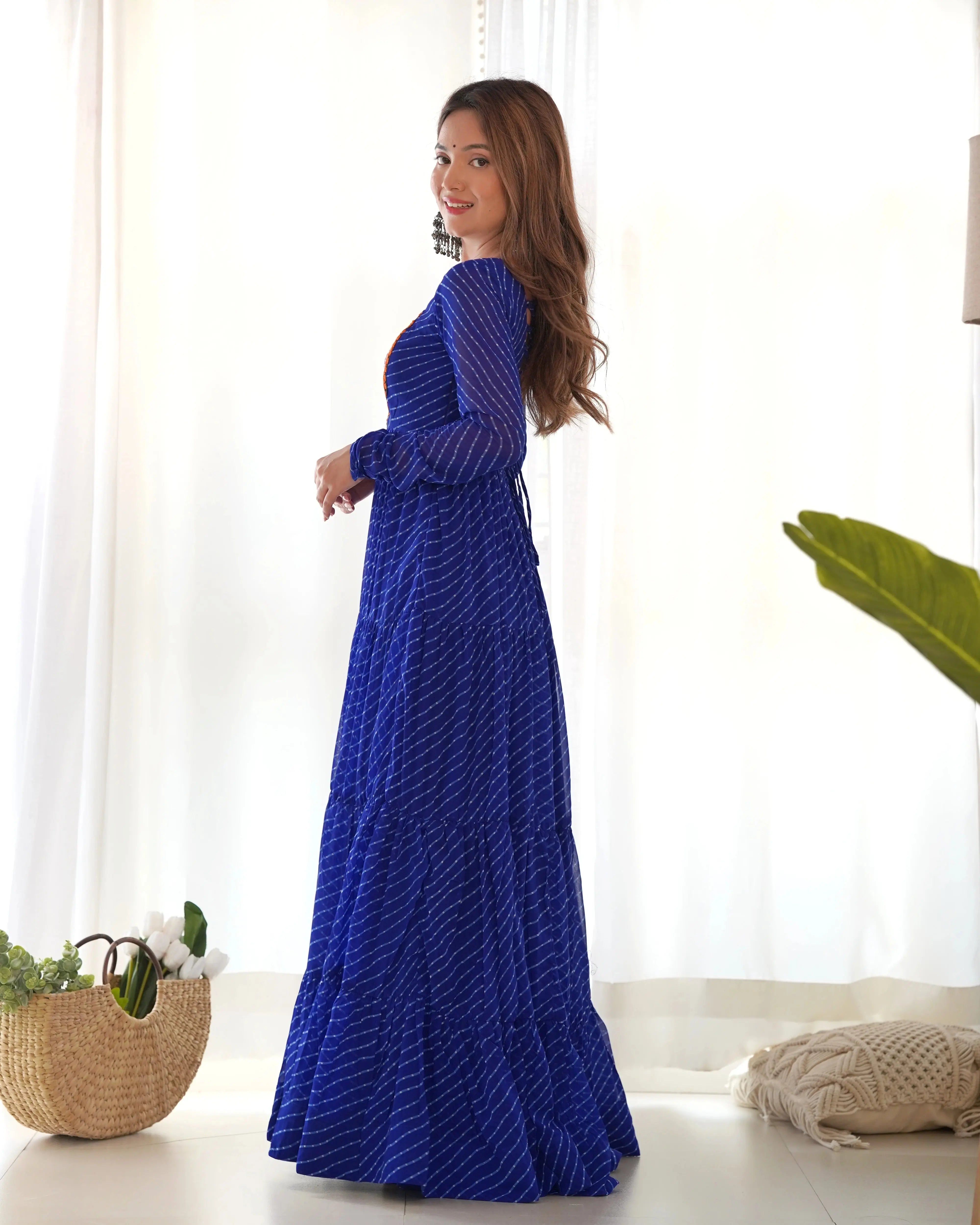 Blue Gamthi With Laheriya Print Fox Georgette Gown – Kalyanja
